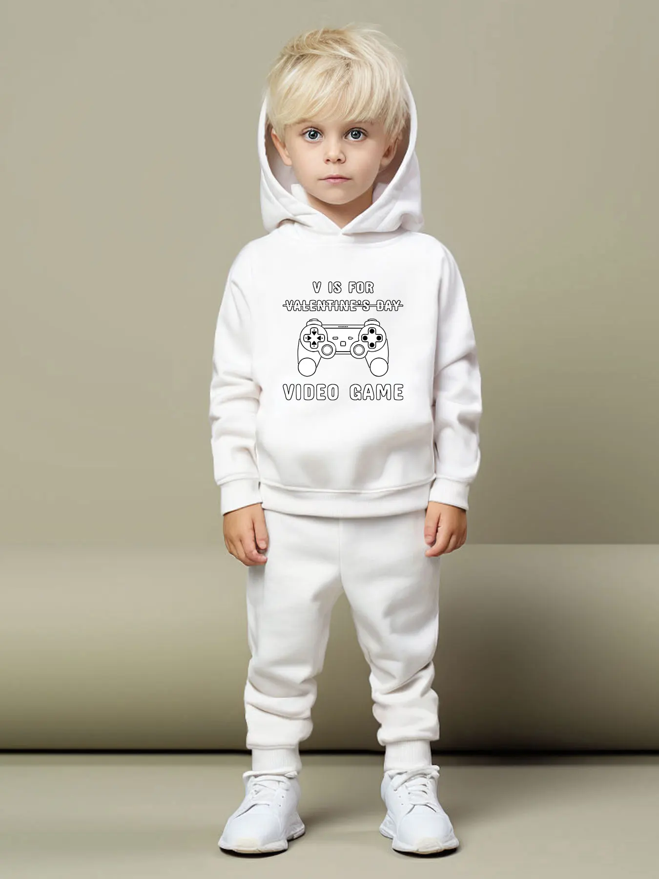 Conjunto de moletom com capuz de manga comprida para meninos, primavera e outono, com estampa de controle de videogame e letras, calça versátil, conju