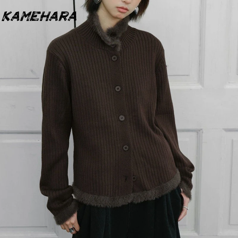 

KAMEHARA Y2k Sweaters Cardigan Single Breasted Long Sleeve Women Vintage Up Thick Solid Color Knit Female Coats Female Clothing