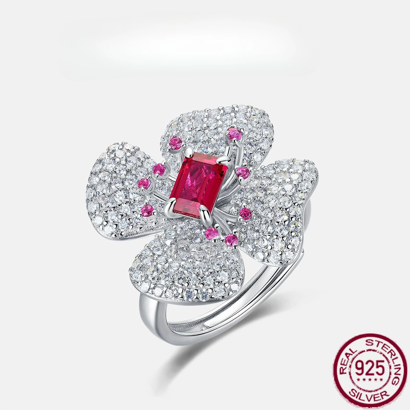 

New S925 Pure Silver Clover Petal Red Treasure Full Set Colorful Treasure Ring Light Luxury Personalized Wedding Jewelry