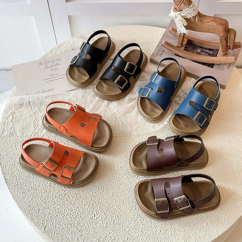 Kids Summer Sandals Boys Girls Open Toe Leather Flat Beach Shoes Casual Soft Children's Fashion Sandals for Toddler Little Kid