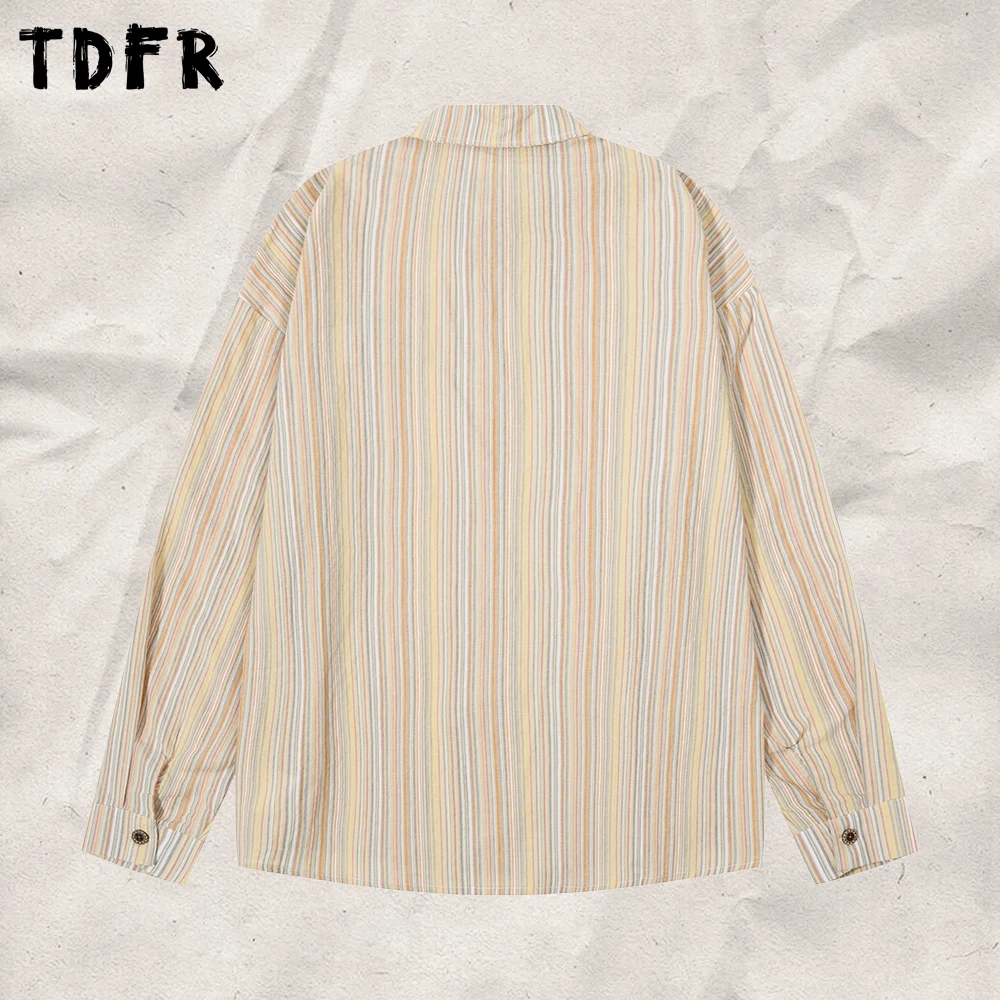Vertical Stripes Long Sleeve Shirts Mens Autumn Pocket Embroidery Single Breasted Loose Lapel Shirts Man