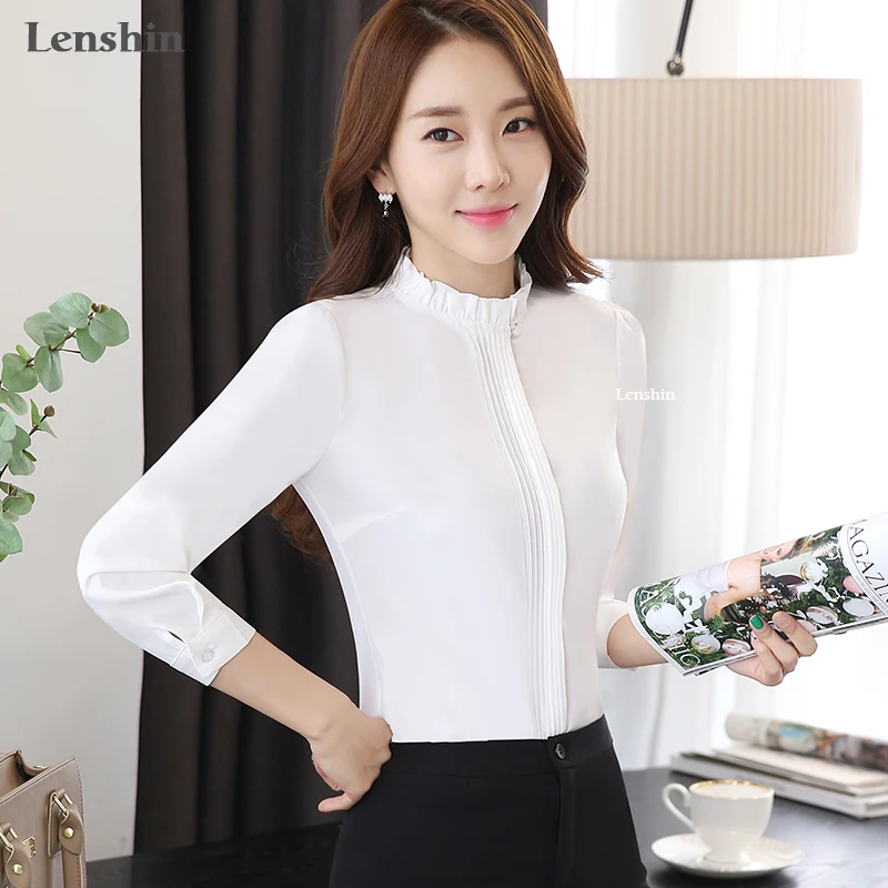 Lenshin Stand Collar Black Shirt Female Blouses Elegant Women Wear Long Sleeves Office Lady Top