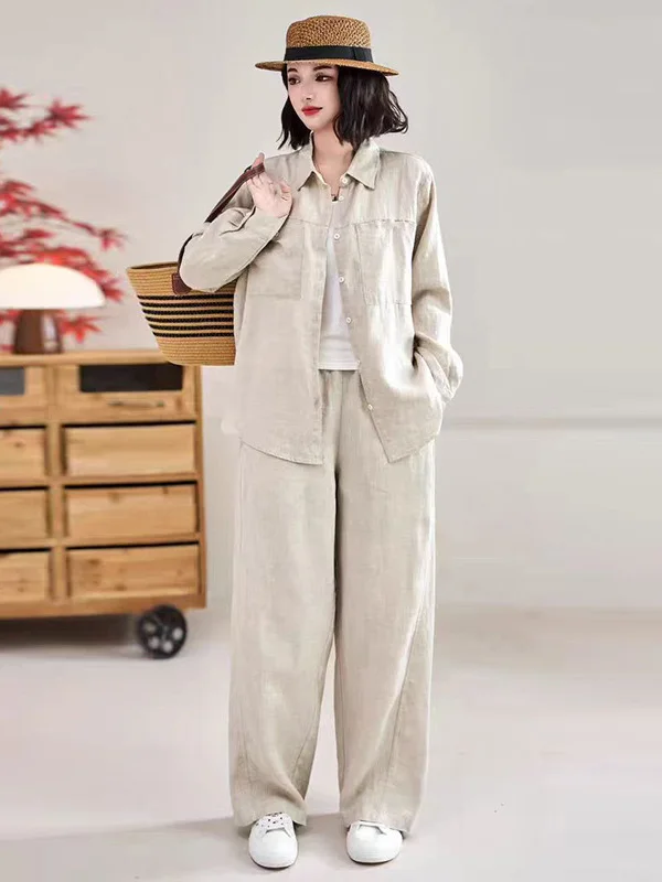 

Casual Cotton Linen Set Women's Spring Autumn New Fashion plus Size Linen Long Sleeve Shirt Wide Leg Pants Two Piece Set