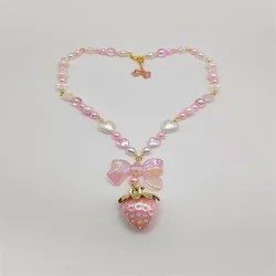 Coquette cottagecore strawberry bow necklace pearl fairycore heart pink white