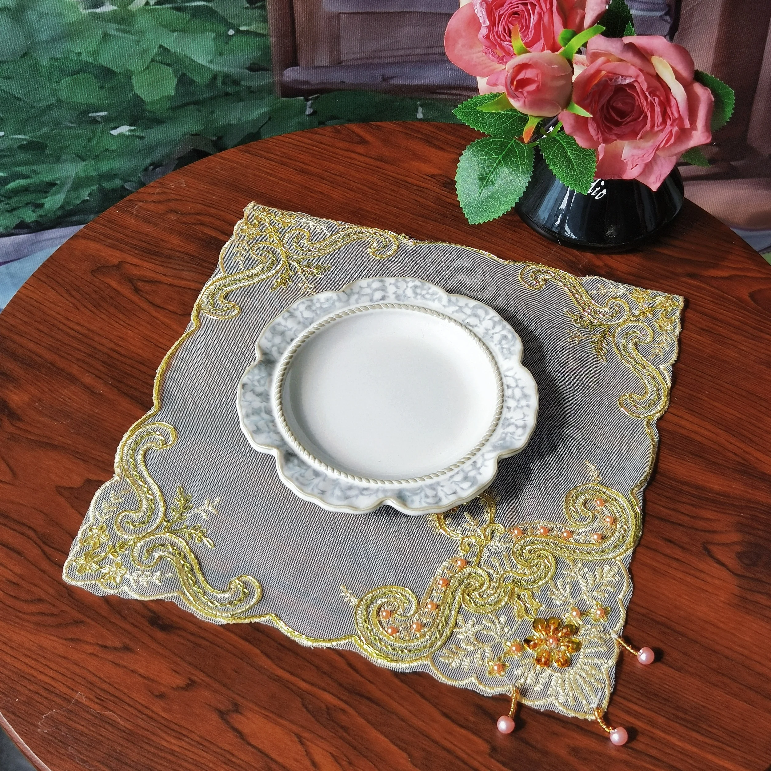 Ramadan Place Mat  Luxury Golden Placemats Plate Mat Dinner Lace Coaster Holiday Table Decorations Room Decoration