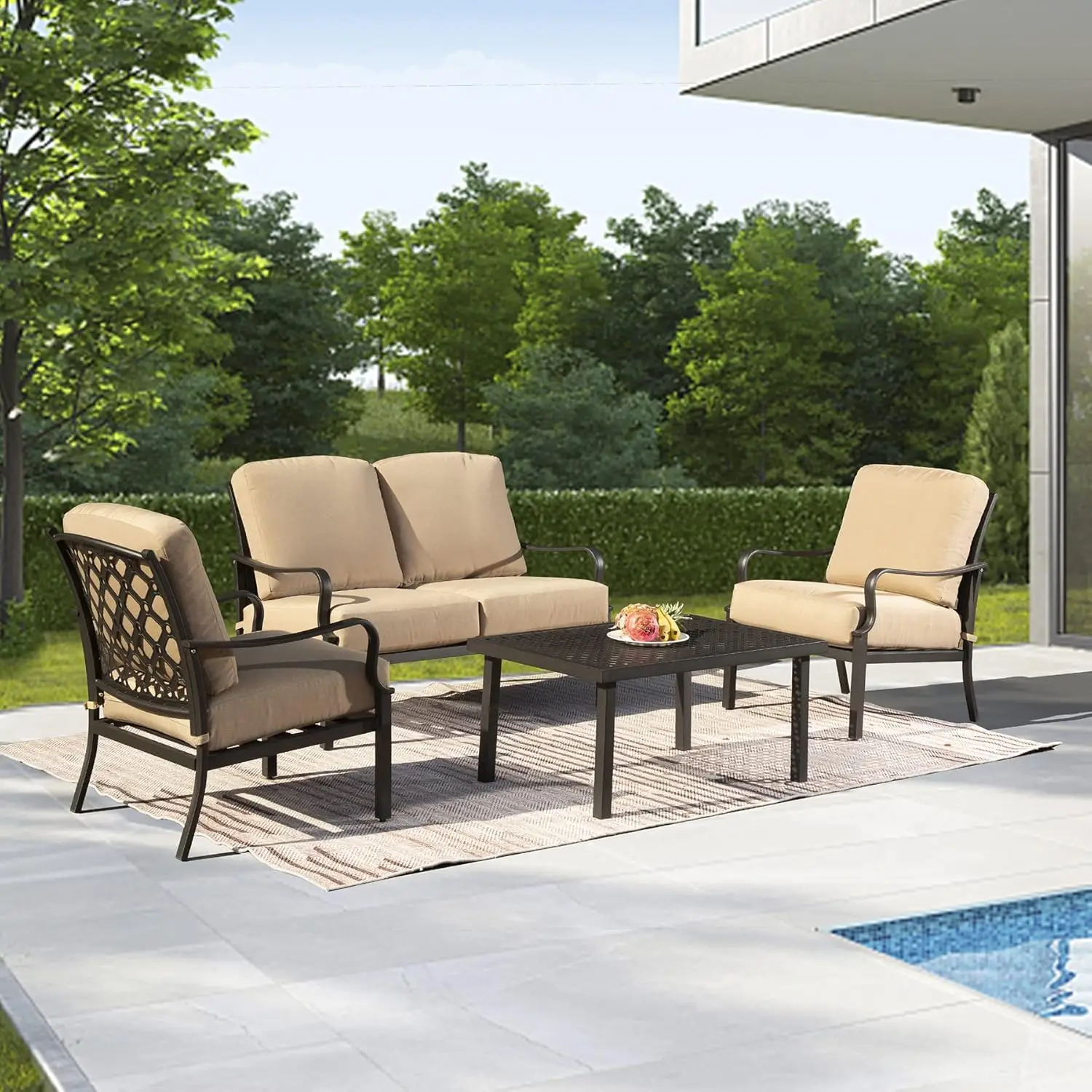 

Domi Patio Conversation Set 4 Pieces, Metal Outdoor Patio Furniture with Coffee Table, All-Weather Modern Deep Seating Sofa Set