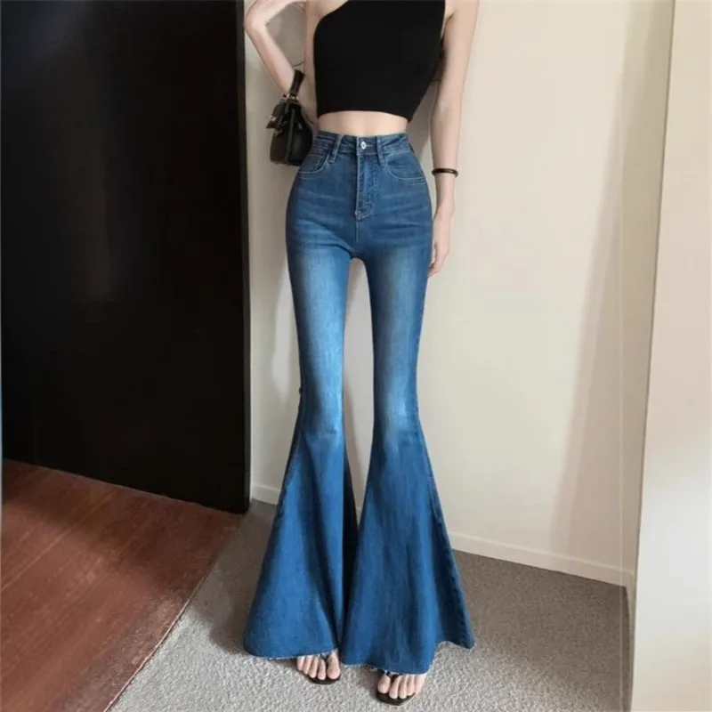American Women's Flared Jeans Fashion High Street Fringed Edges Slim Denim Pants Spring Autumn Female Retro Blue Trousers