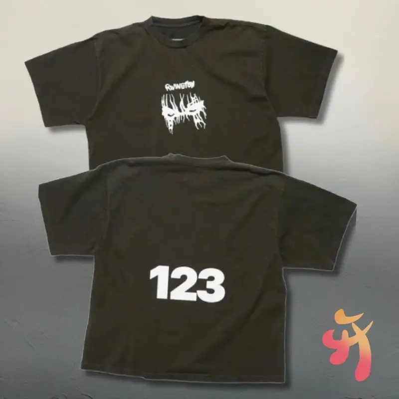 

Y2K Summer Street RRR123 Tshirts Casual Loose Abstract Print 123 Sweatshirts Men Women Round Neck Short Sleeved Black Tops