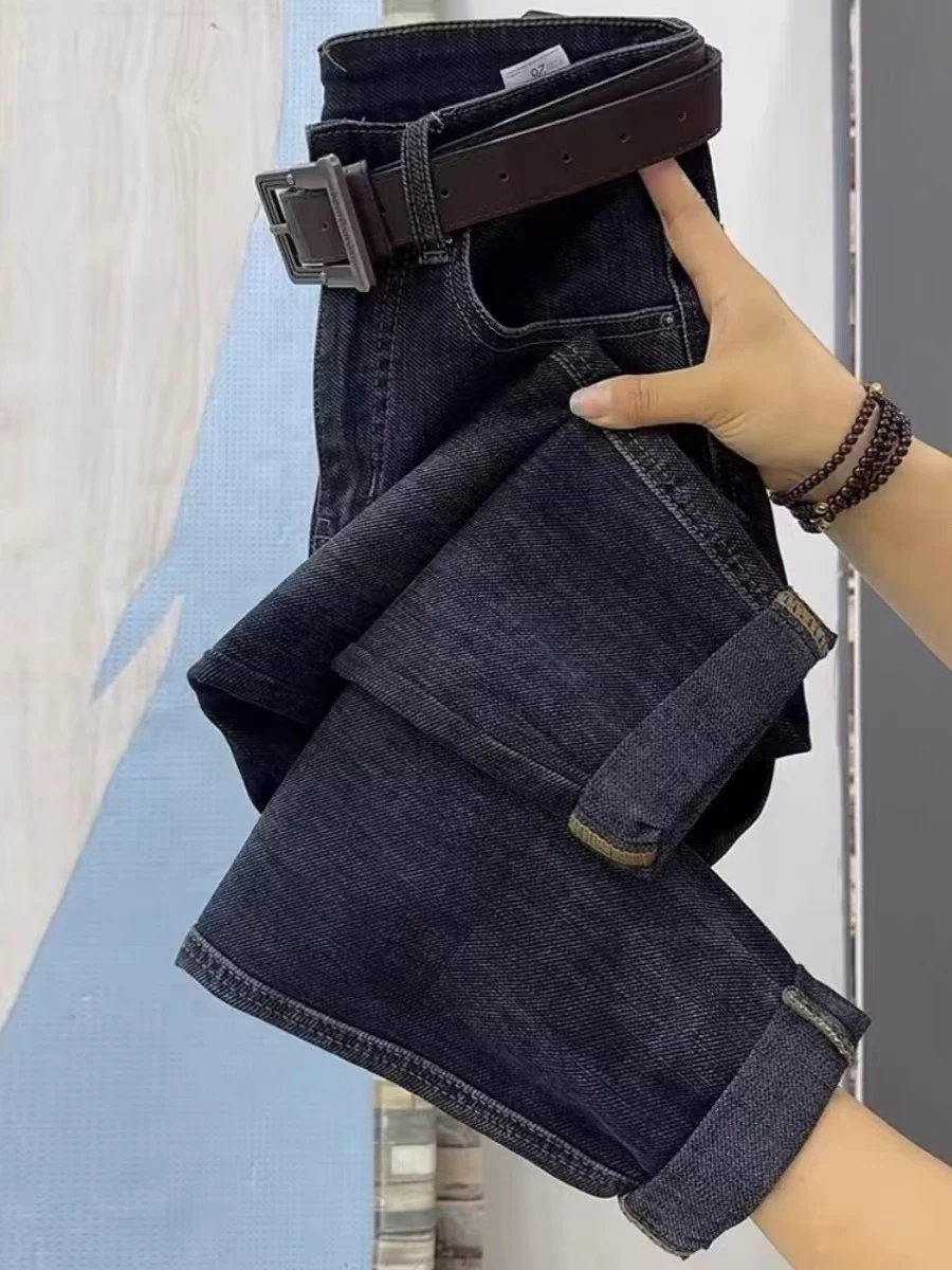 

Свободный крой с высокой талией, прямые джинсы с девятью зубцами, женские эластичные брюки-шаровары больших размеров на весну и осень