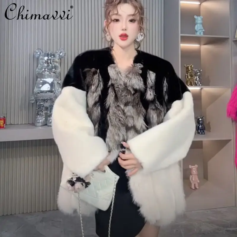 2025 شتاء جديد الراقية مصمم الأزياء كتلة اللون معطف ضوء الفاخرة المرأة الثعلب الفراء المرقعة كم طويل دافئ أنيق الفراء #2