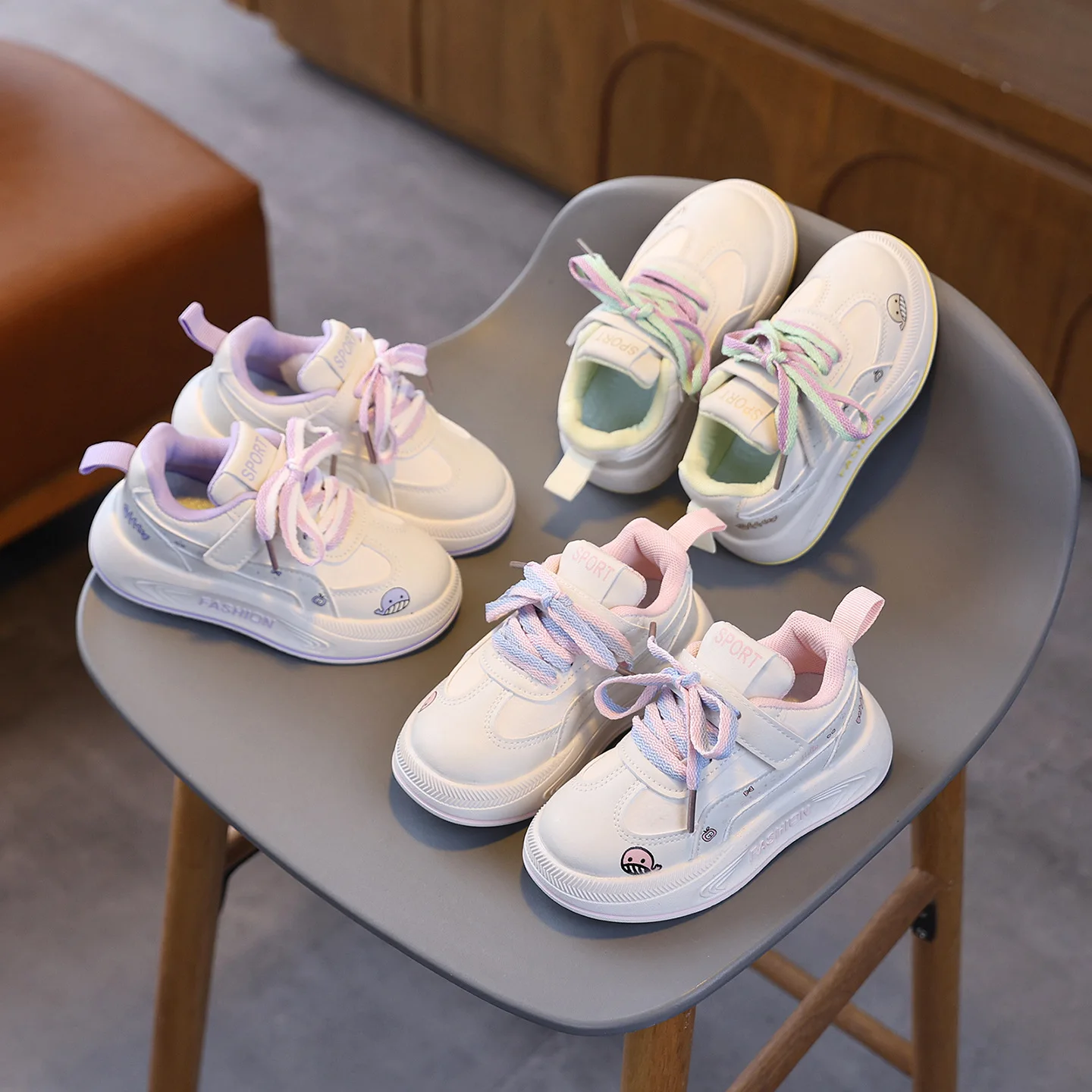Kids Spring Autumn New Cartoon All-match Sneakers Girls School Causal Shoes Thick Bottom Lace-up Children Tennis Sports Shoes