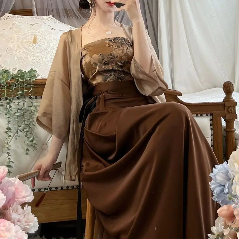 Hanfu tradisional Cina Set wanita, tiga potong atasan kardigan longgar Retro + rok pinggang tinggi + dada akhir cetak musim panas