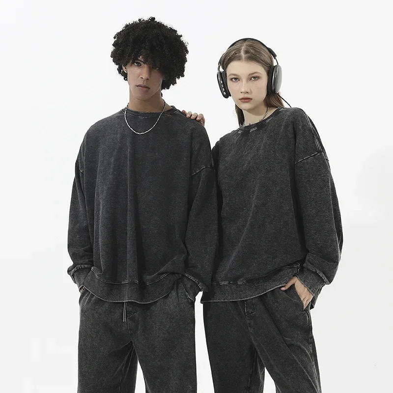Oversized Washed Retro Hooded Sweatshirt Sports Pants Streetwear Loose Fitting Casual Sportswear