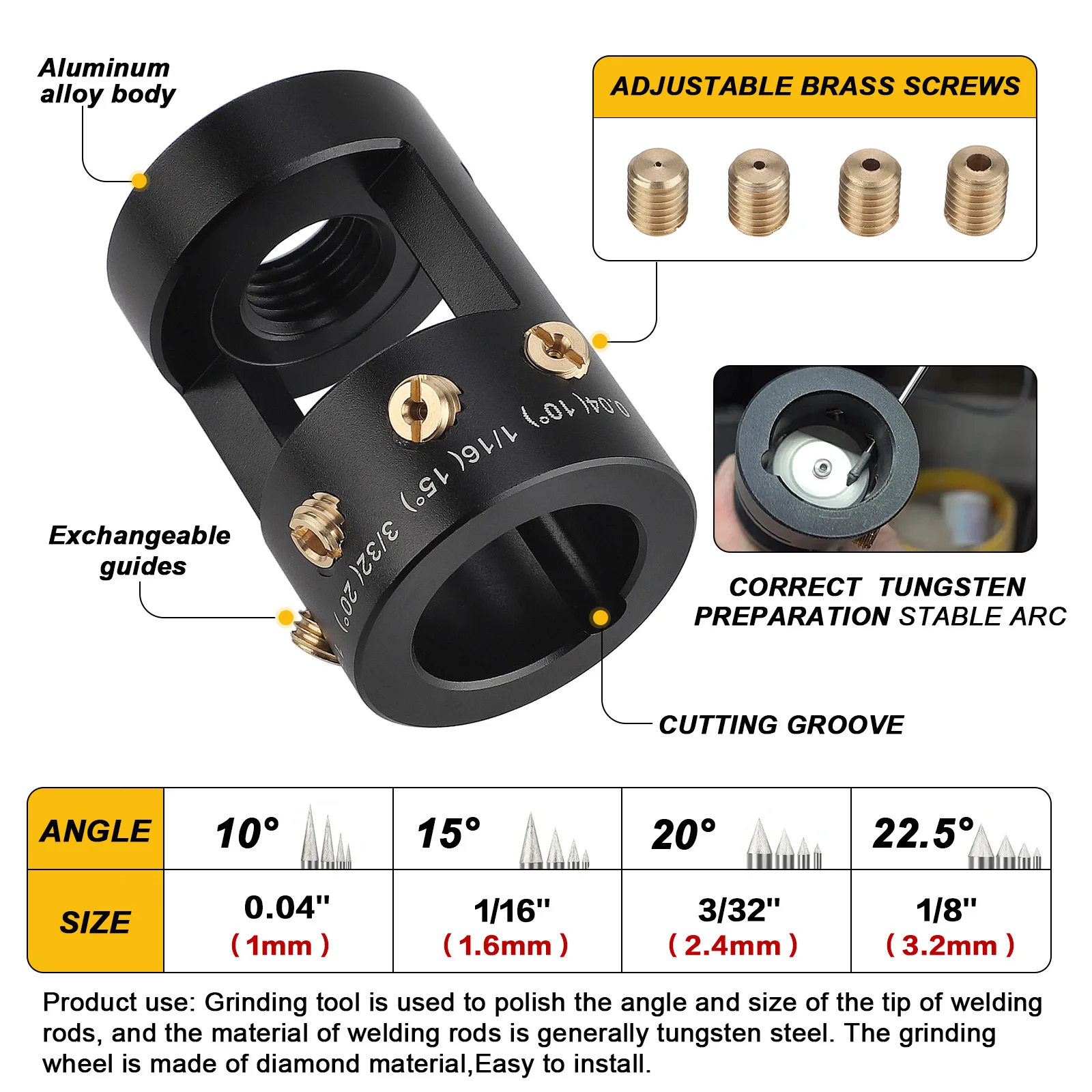 

Tungsten Electrode Grinder TIG Welding Tools Multi-Angle and Offset Horizontal Hole Grinder with Cutoff Slot for Welding Aids