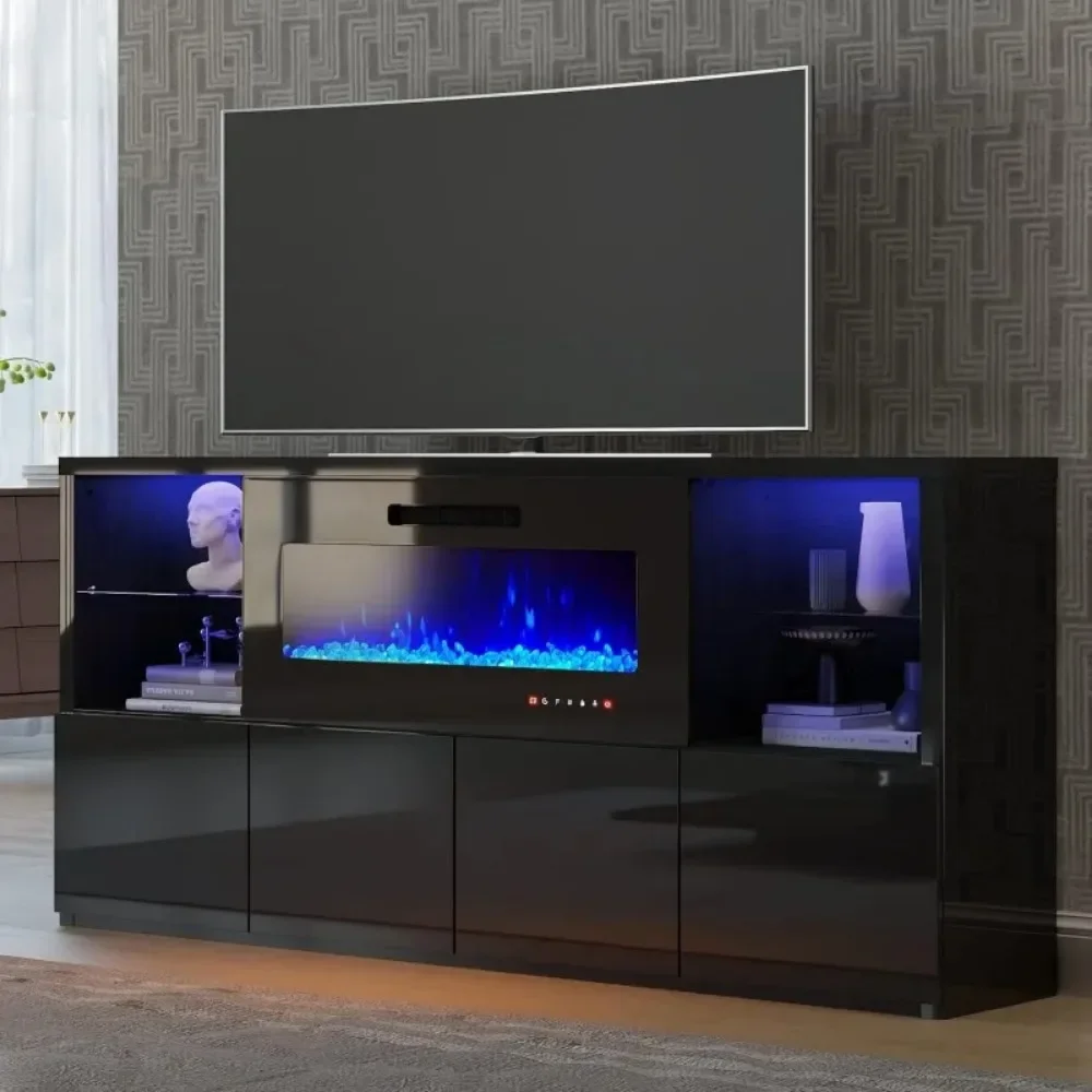 High Gloss Lareira TV Stand, lareira e luzes LED, grande centro de entretenimento para TVs de até 78 polegadas, 68 polegadas