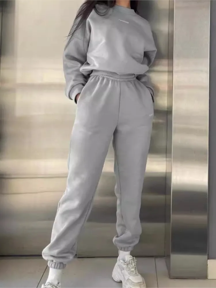 

Женская повседневная толстовка, комплект из двух предметов, модная однотонная толстовка с круглым вырезом и эластичной резинкой на талии, узкие брюки, костюм, офисный женский наряд