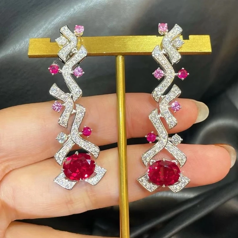 

BELLUX 925 Silver Gold Plated Zircon Jewelry Exhibition Same Style Gradient Color Synthetic Ruby Long Earrings for Women