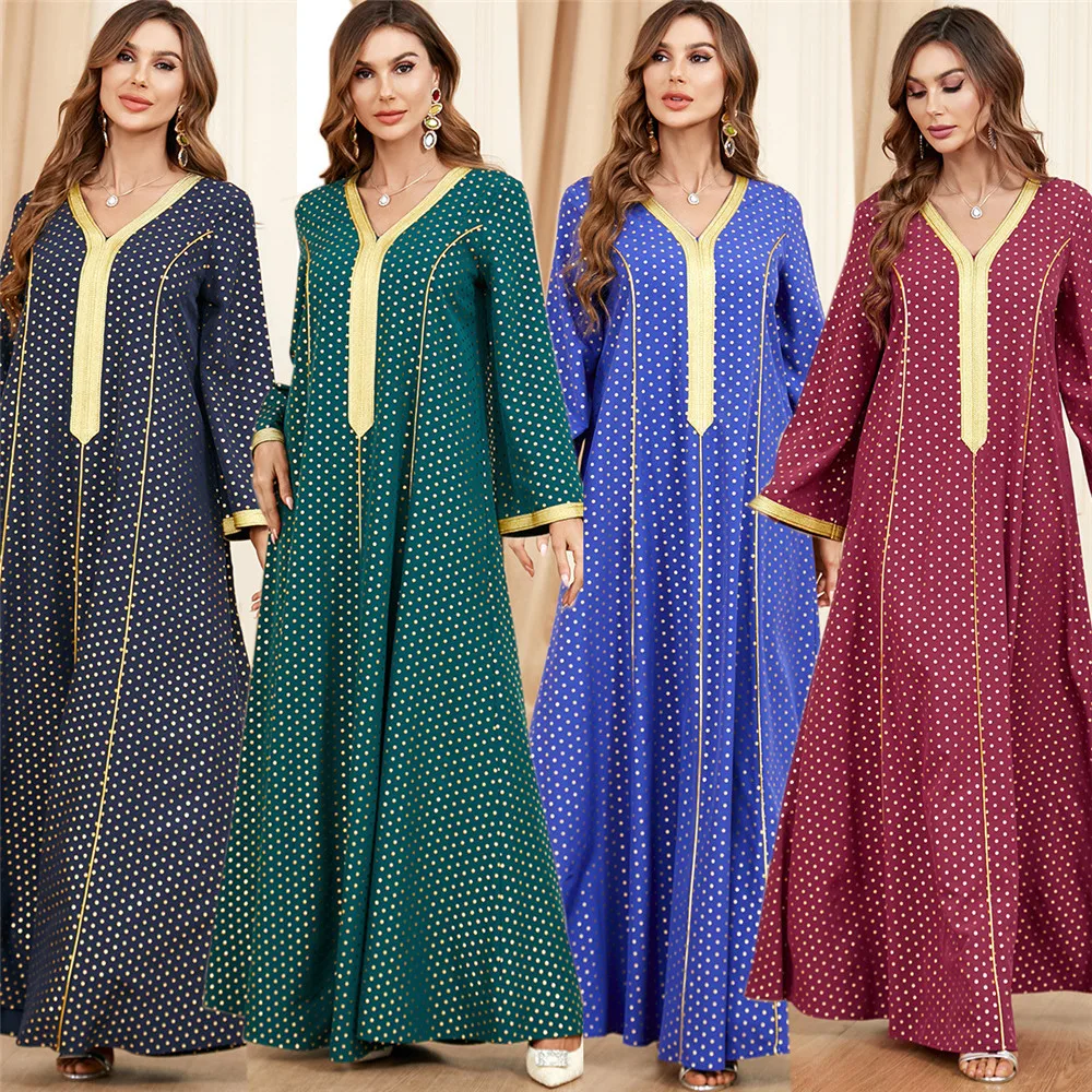 

Muslim Women Abaya Long Maxi Dress V-neck Kaftan Moroccan Dubai Turkey Party Gown Islamic Arab Jalabiya Caftan Vestidos Ramadan