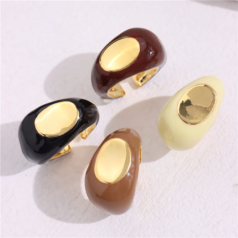 Enamel Copper Gold Silver Color Oval Geometry Dripping Oil Open Ring Vintage for Trendy Women Girls Party Jewelry HUANZHI New