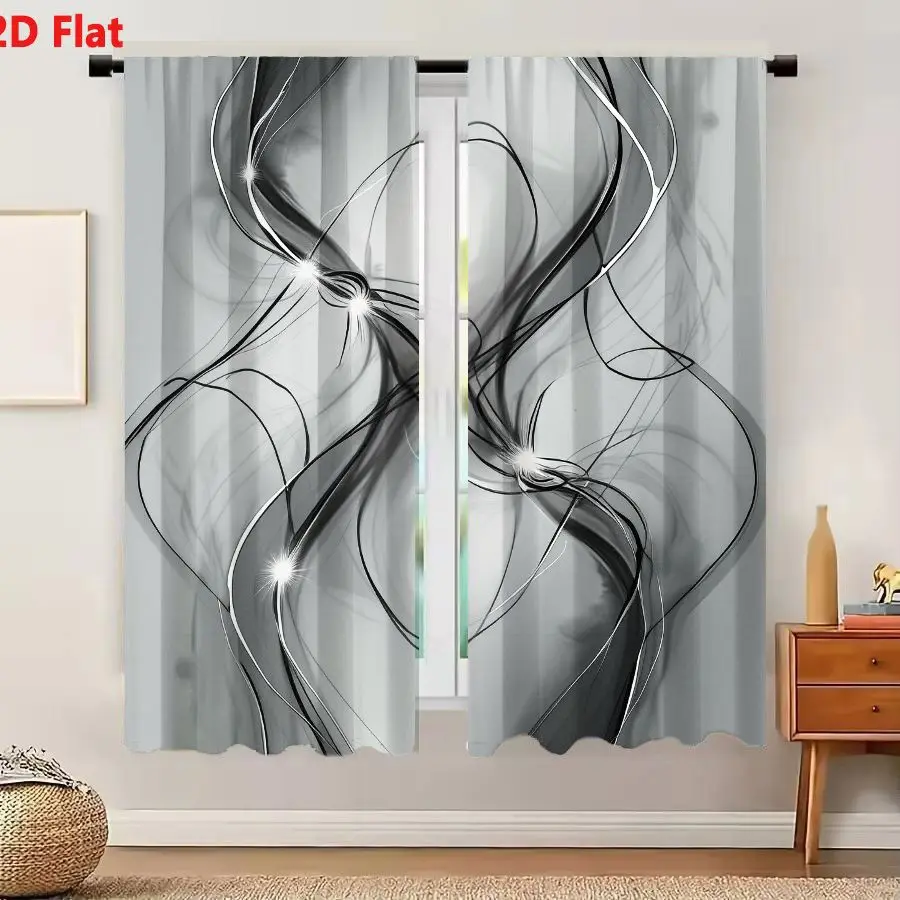 2Pcs Curtains Add 2D Flat Monochromatic Abstract Digital Art With Fluid Flowing Lines And Glowing Points Window Drapes for Bedro