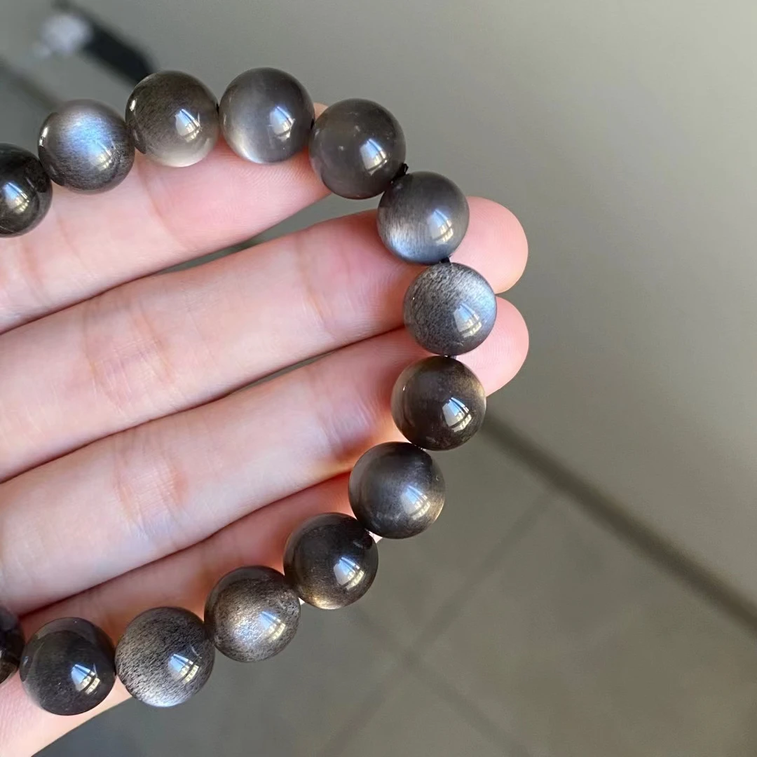 10.5mm Natural Black Sunstone Moonstone Big Beads Bracelet Women Men Stretch Flash Light Crystal Clear Round Beads AAAAAA