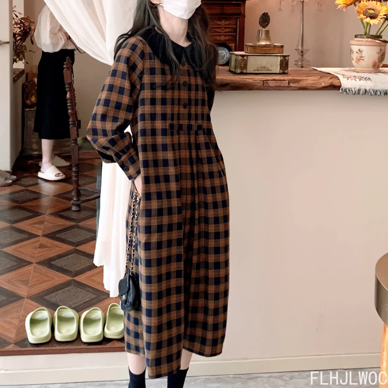 Vestido camisero a cuadros con botones para mujer, ropa básica gruesa, estilo coreano y japonés, Retro, Vintage, lindo, para Fecha de Año Nuevo, Otoño e Invierno