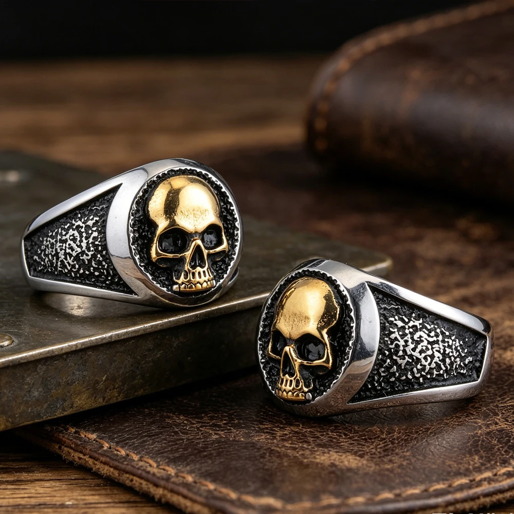 Gothic Skull Rings for Men Women Jewelry Punk Rock Simple Gold Color Skull Stainless Steel Ring Fashion Accessories Wholesale