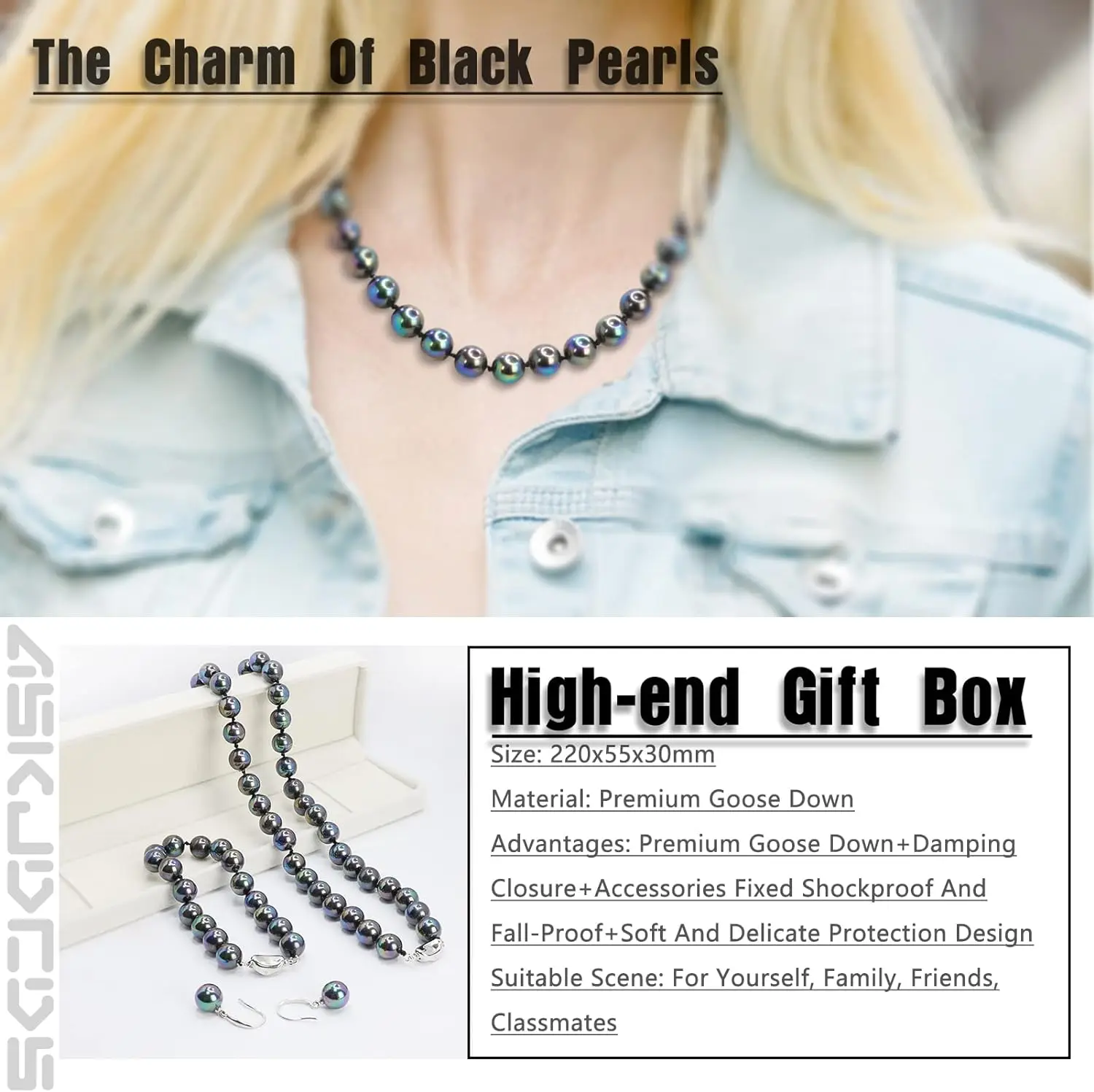 Pearl Necklaces Set for Women 10mm Round Black Shell Pearl Necklace Includes Bracelet Stud Earring 3 Piece Jewelry Gift