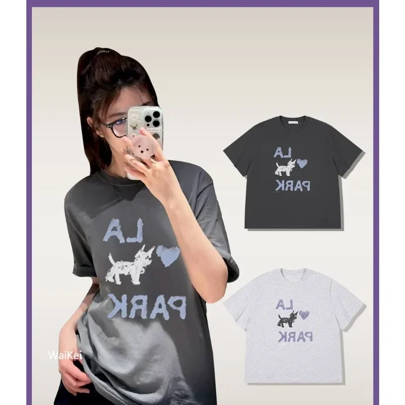 Korean fashion brand Low classic short sleeve IU Lee Ji-eun T-shirt dog round collar men and women couples 100% cotton