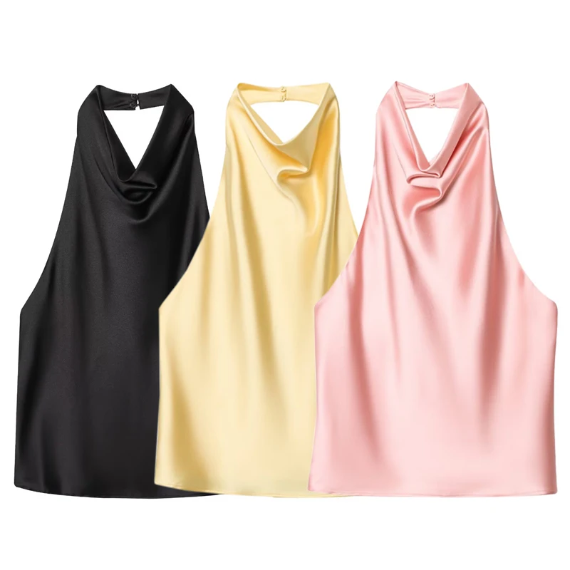 MUJER 2025 Halter Tops voor Vrouwen Zwart Satijn Backless Top Vrouwelijke Roze Zomer Strand Top Vrouw off Schouder Hemdje Top Vrouwen - afbeelding 2