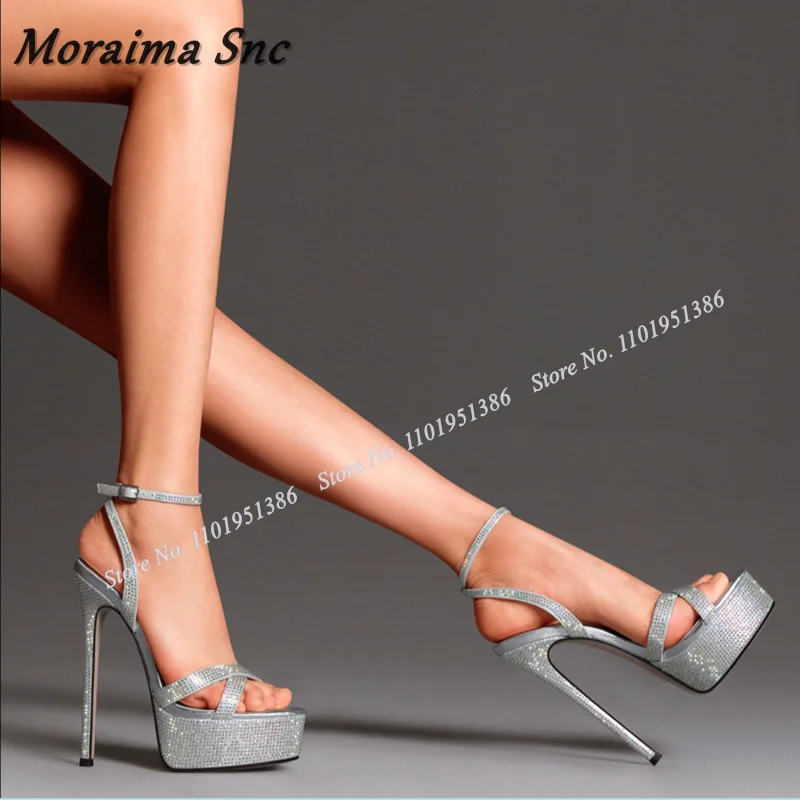 Moraima Snc Silver Platform Crystal Sandals Ankle Buckle High Heels Sandals Women Summer Shoes Fashion Lady Zapatillas Mujer