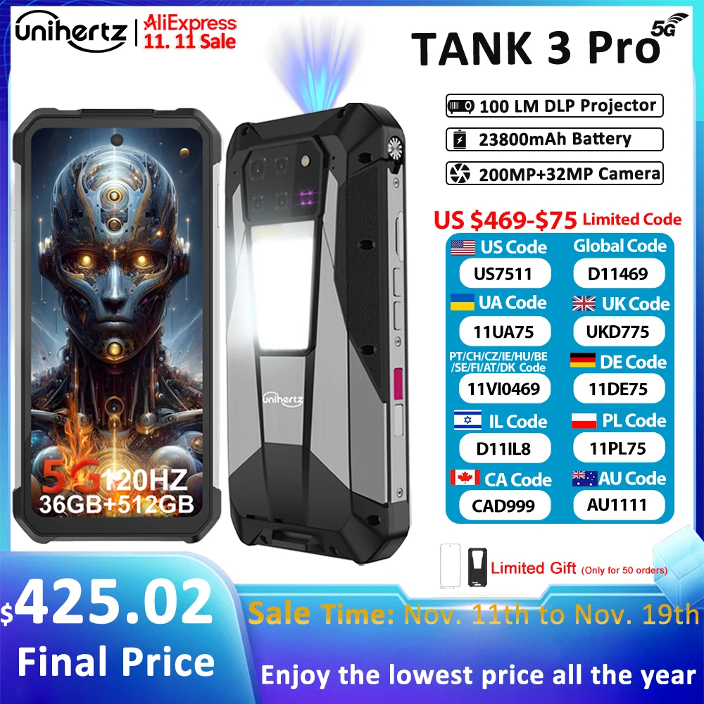 Unihertz Tank 3 Pro 8849 Smartphone with 100 Lumens 120Hz Projector 32GB+512GB 5G Phone 23800mAh 120W Fast Charger 200MP Camera