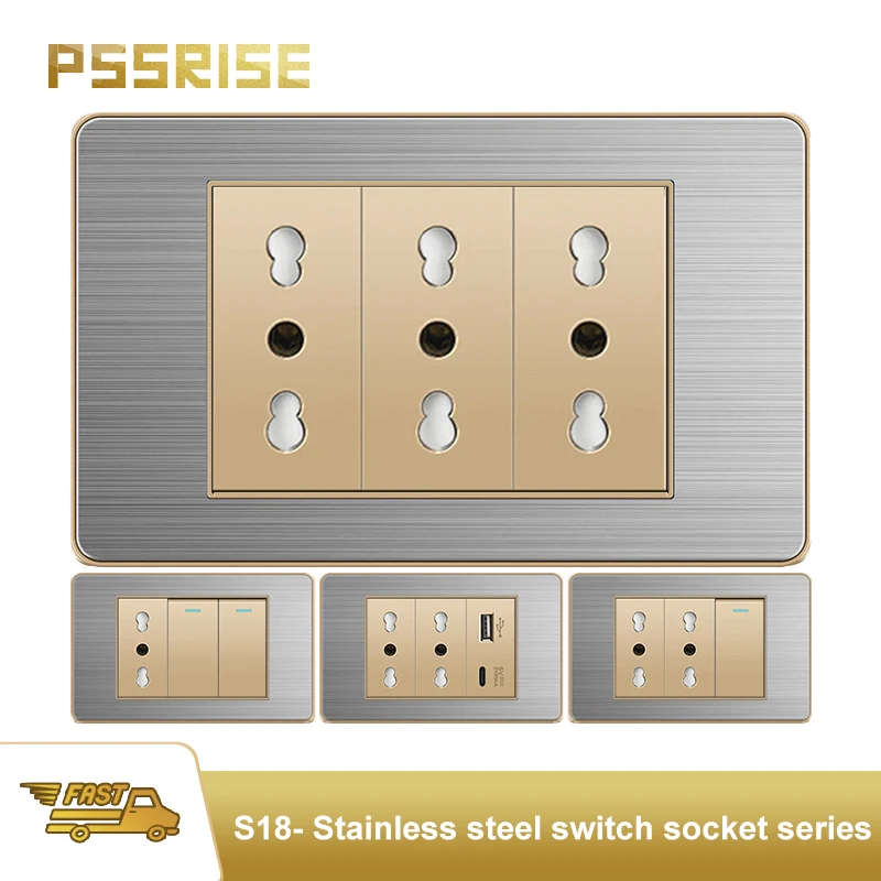 

PSSRISE EU Italy Wall Power Outlet Switch Quick Charging with USB Type-c 5V 2100mA TV Phone Computer Power Stainless Steel Gold