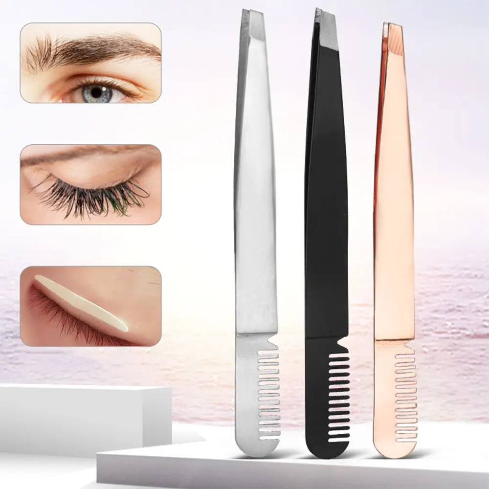 Steel Makeup Tools Eyebrow Tweezers with Comb Double Eyelid Stickers Pliers Eyelashes Extension Clip Nail Rhinestones Picker