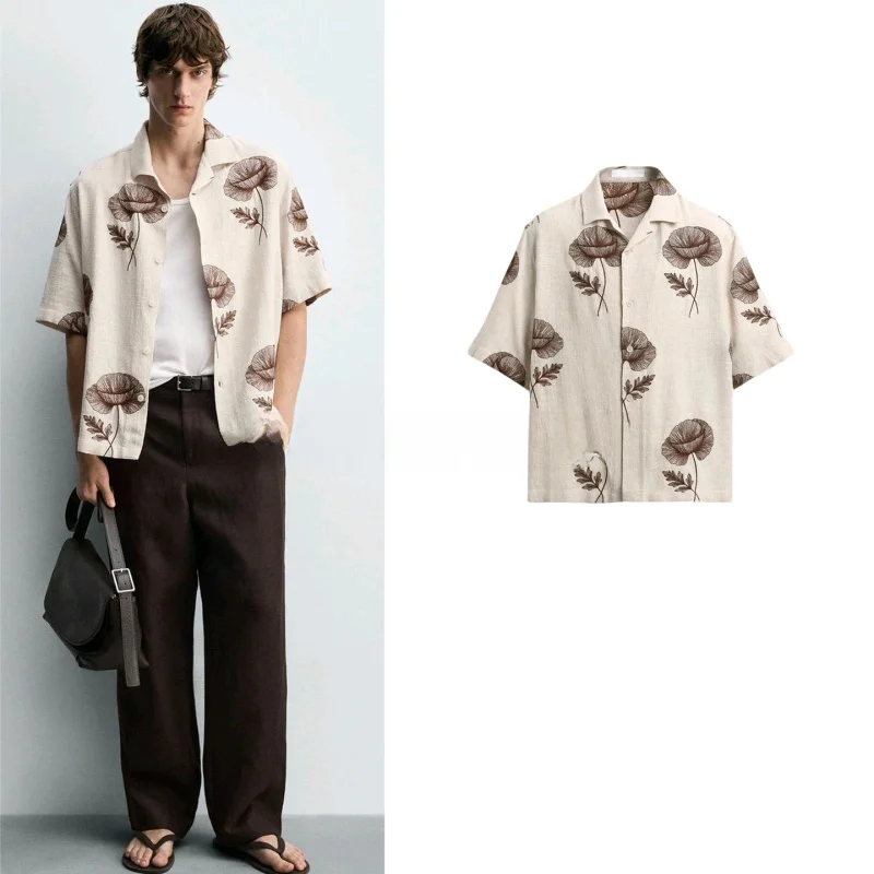 

Summer New Men's Casual Loose Floral Stand Collar Short Sleeve Color Block Embroidery Shirt Comfortable Breathable Polyester ...