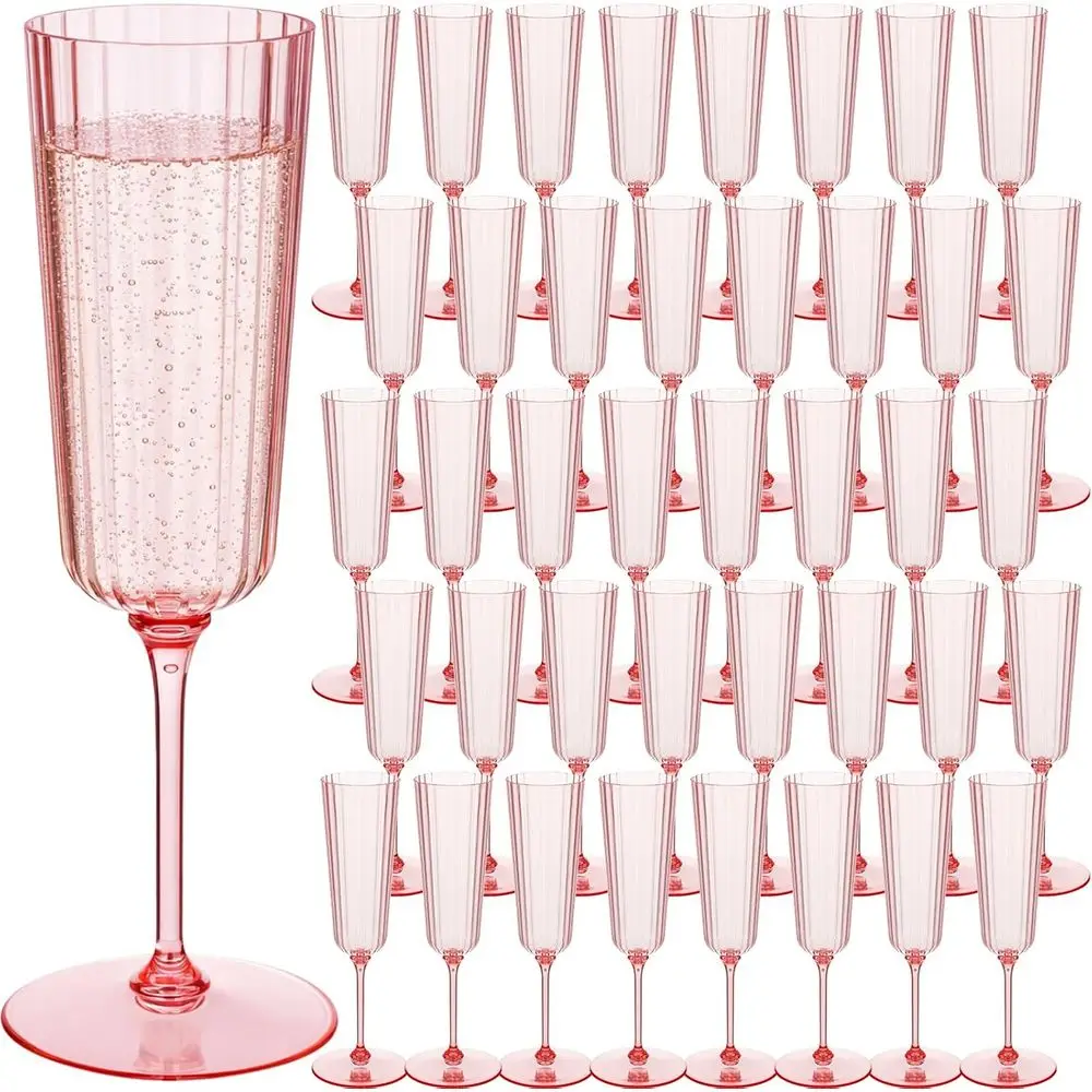 

48 шт. пластиковых рифленых бокалов для шампанского на ножке, 6,4 унции, прозрачные винтажные одноразовые бокалы для свадьбы, дня рождения, юбилея (розовые)