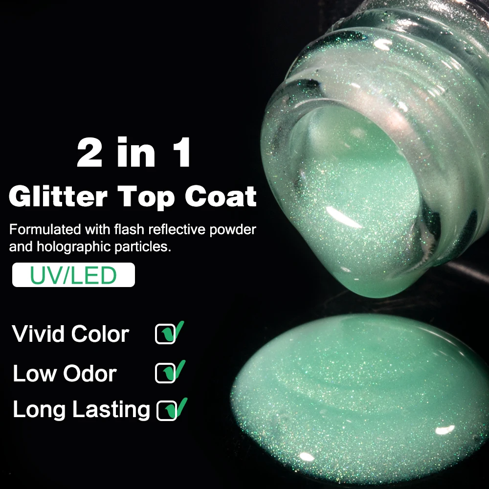 KODIES GEL Pearlescent Top Coat Gel Nail Polish 2 IN 1 Semi Permanent UV Glitter Aurora Gel Finish Topcoat No Wipe Manicure Nail