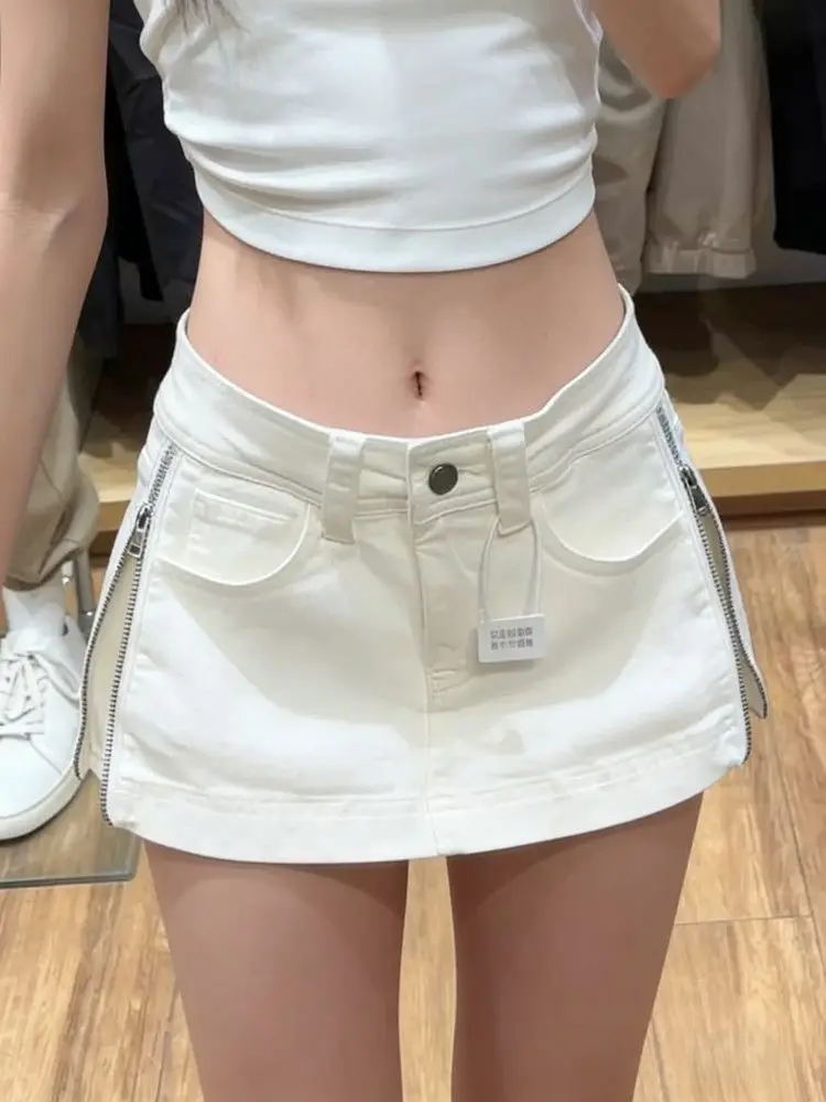 American double-sided zipper versatile denim skirt for women slimming and shaping white short fashionable A-line skirt