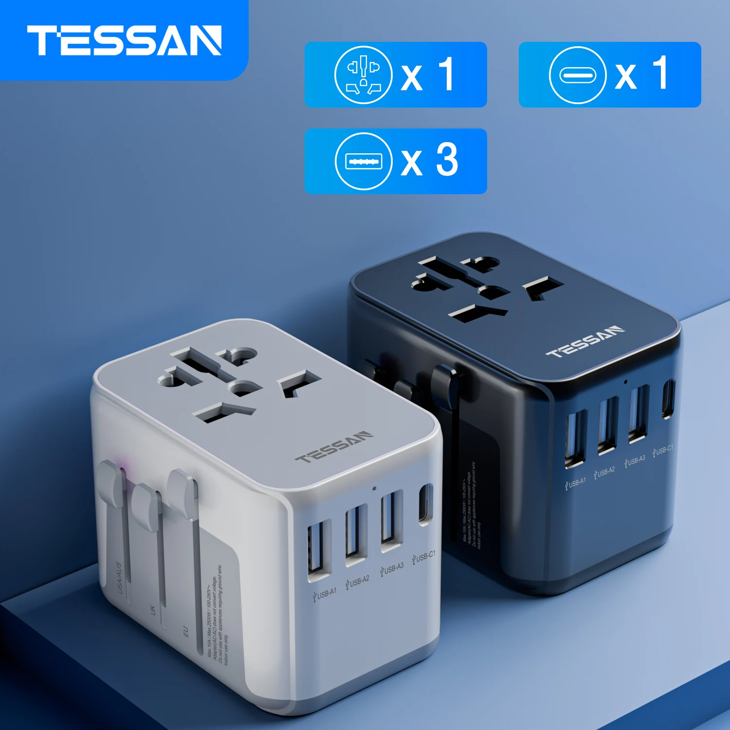 TESSAN Universal Travel Adapter with USB Port and Type C, Worldwide Power Adapter EU/UK/USA/AUS Plug for Travel