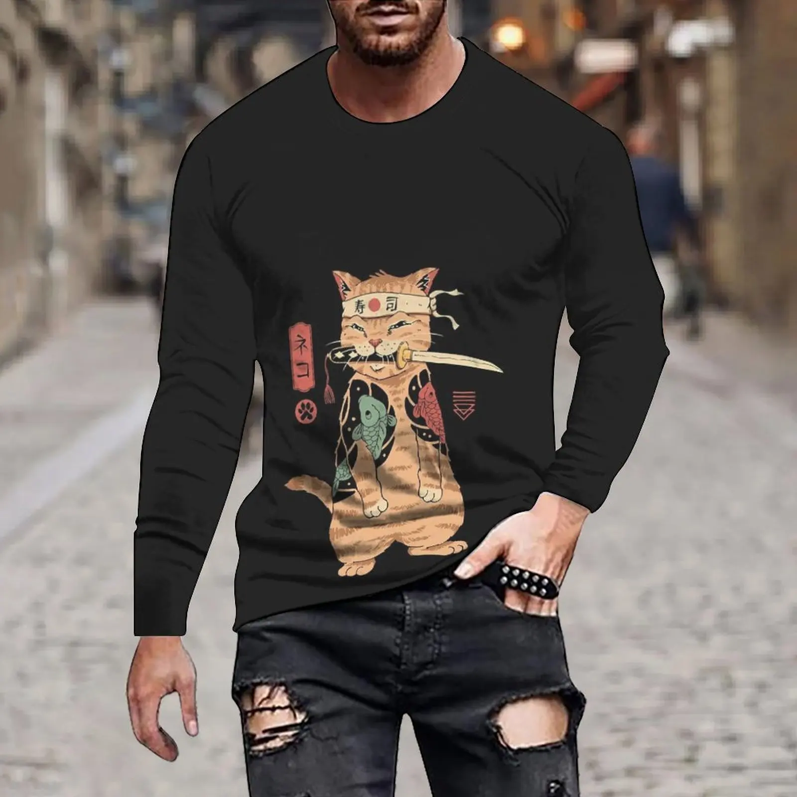 Fashion Casual Cool Samurai Cat Graphic Tee Top Men Trend Fun Hip Hop Harajuku Streetwear Leisure Printed Long Sleeve T-shirts