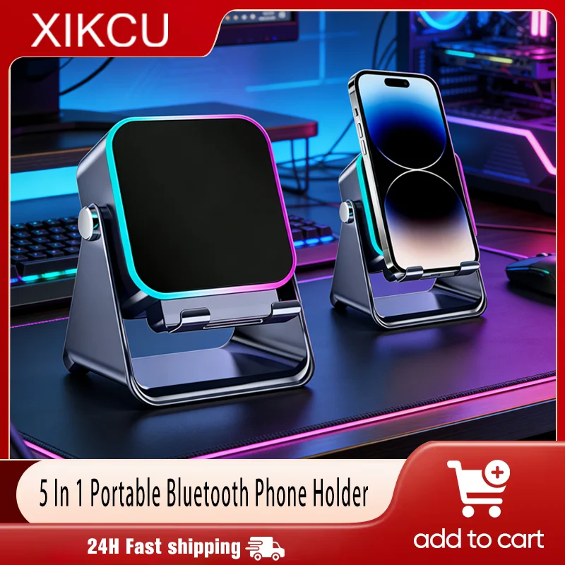 

NEW 5 In 1 Auto-induction Wireless Induction Speaker Portable Bluetooth Phone Holder 8 Mode RGB Light Phone Stand Surround Sound