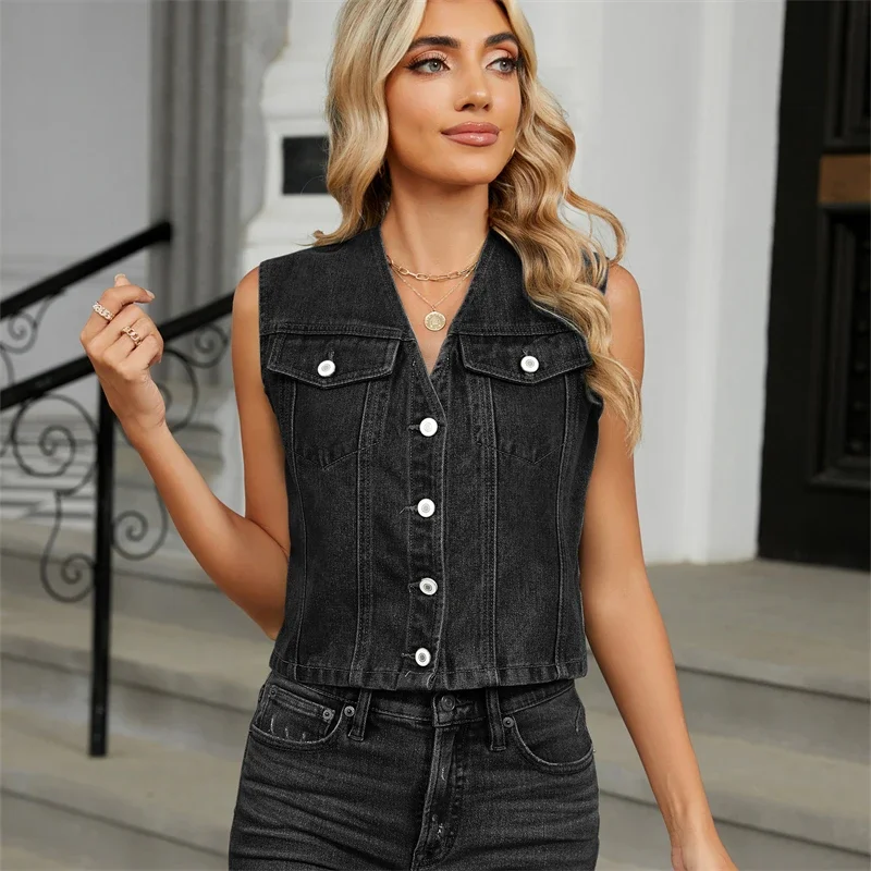 

Pop Black Jean Cowboy Waistcoat Denim Women Vest Female Spring Autumn Sleeveless Tops Short Jacket V-neck Girls Summer Vest Tren