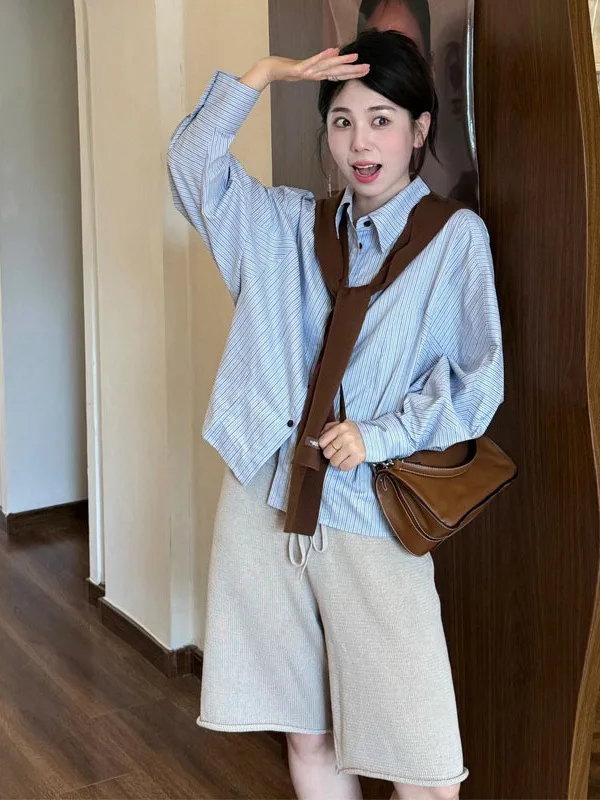 

2025 New Casual Vintage Brown Shawl Blue Striped Long Sleeve Collar Shirt Set Women's Fashion Set Korean Loose Fit Autum...