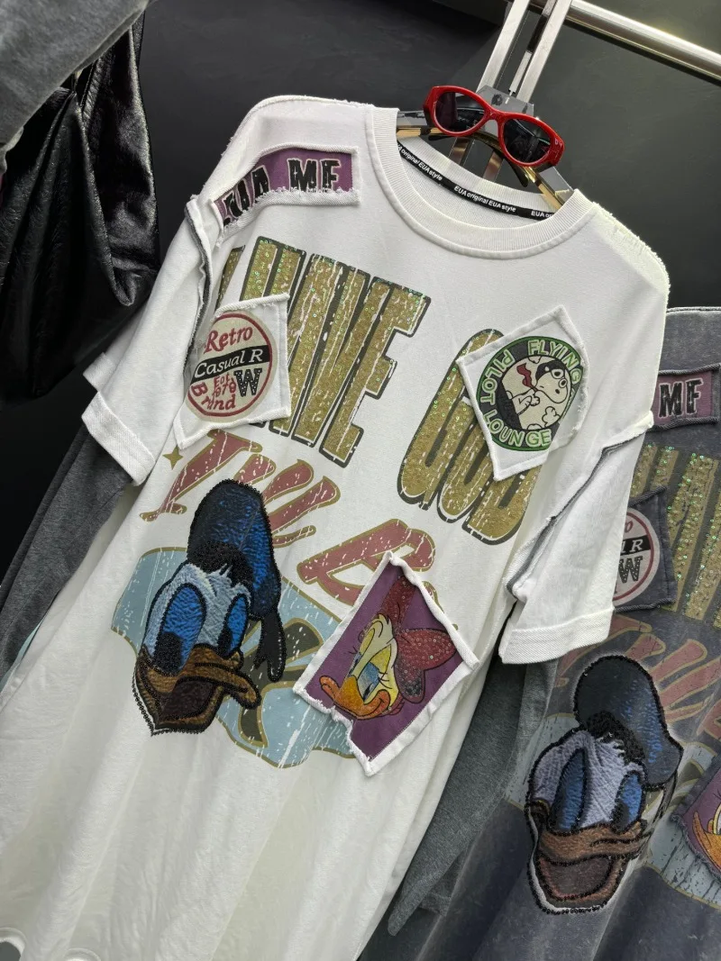 2025 Autumn New Loose Mid-Length Oversized Slimming Sweatshirt Colorful Cartoon Fake Two-Piece Pullover Jacket Sudaderas Ladies