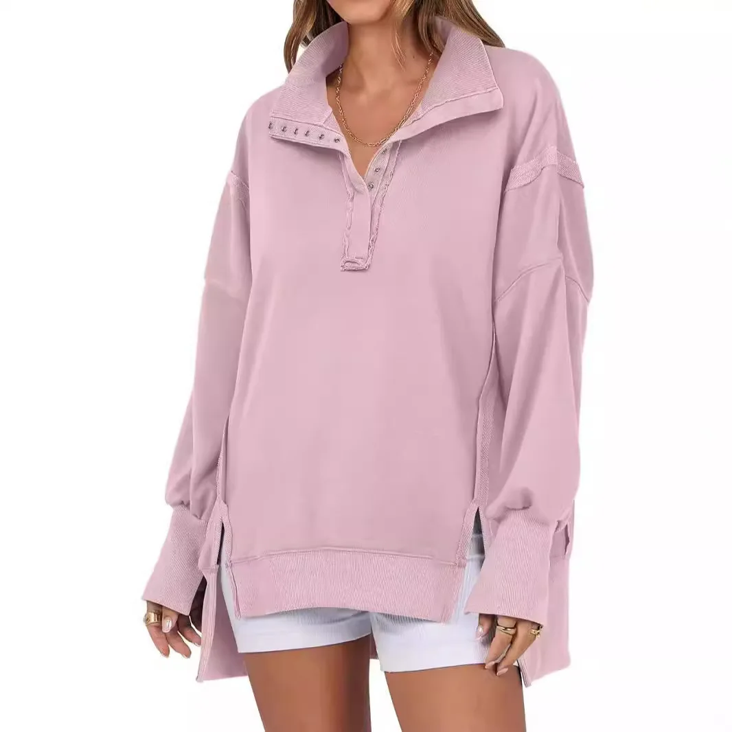 2025 Hot-Selling Women's Polo Collar Sweatshirt Jacket Decorative Line Design Split Lantern Sleeves for Spring Autumn