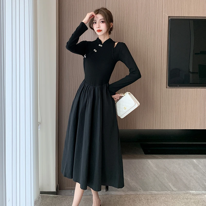 Chinese Style High Quality Fall Winter Black Knitted Sweater Slim Waist Midi Patchwork Dresses Elegant Women Chic Buttons Vestid