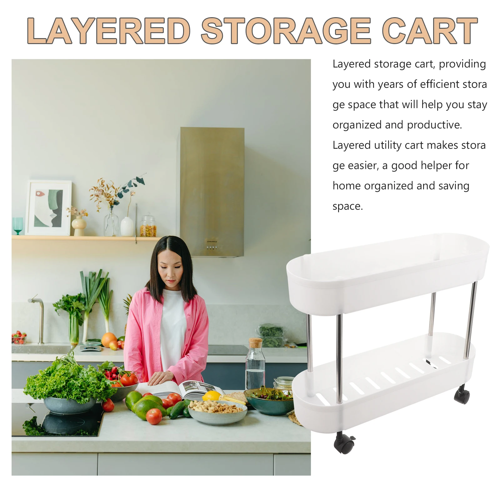 

2 Tier Rolling Cart Heavy Duty Utility Storage Basket Portable Organizer For Kitchen Bathroom Office Multi-Layer Movable