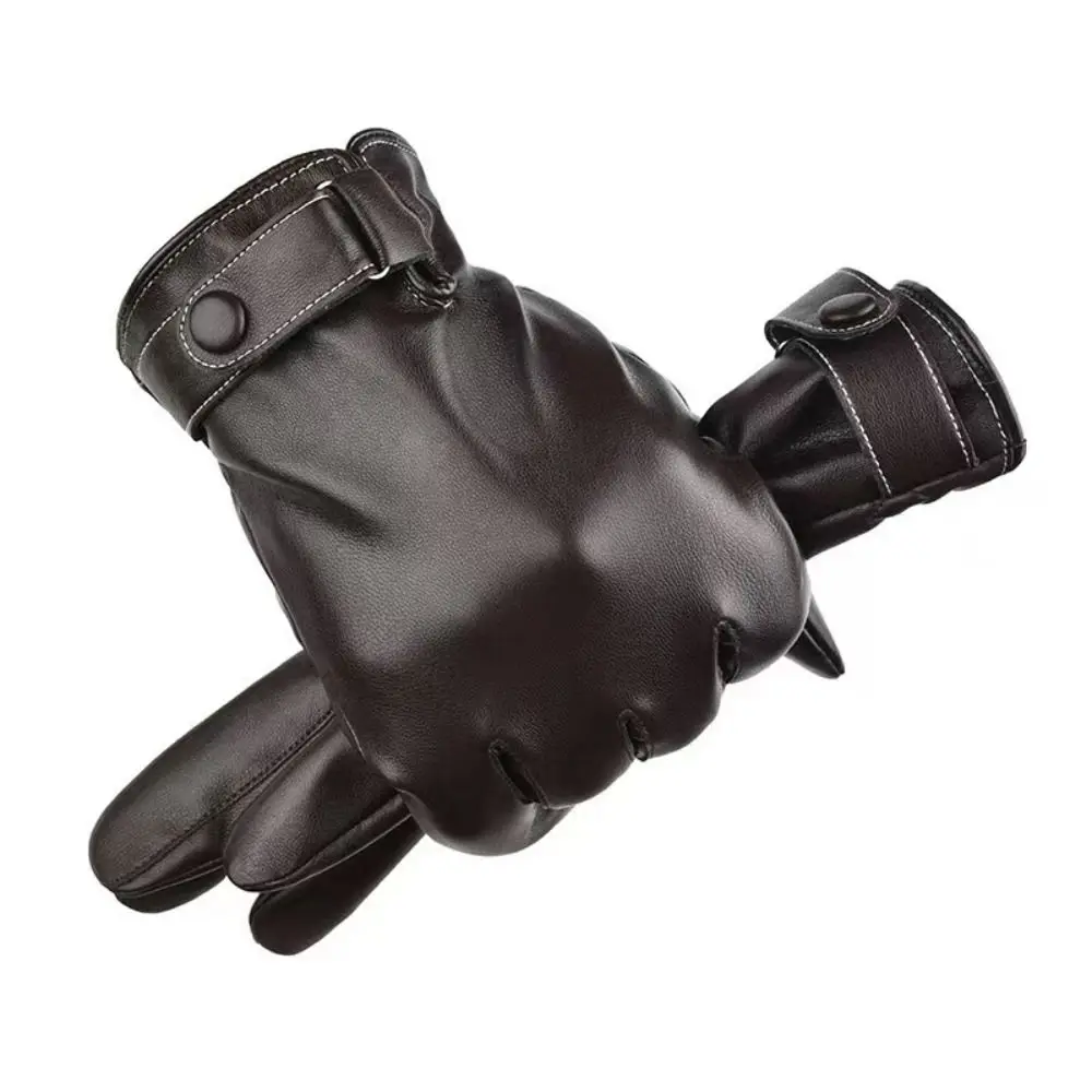 Windproof Men's PU Leather Gloves Touch Screen Thick Velvet Male Cycling Gloves Soft Keep Warm Motorcycle Full Finger Mittens