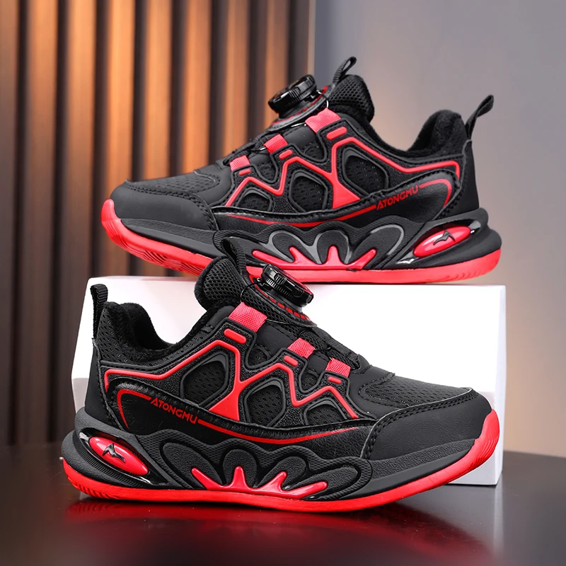 Kids Running Shoes Boys Girls Sneakers Rotary Buckle Fleece Lined Non-Slip Cushioned Sole Black Red Casual Outdoor Sports Shoes