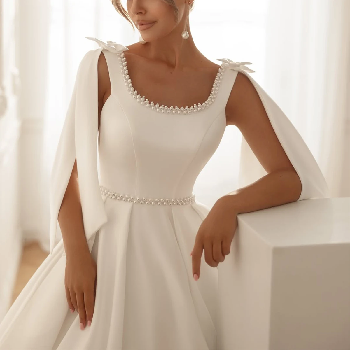 Clássico cetim cinta de espaguete longo vestido de baile vestidos de casamento com arco pérola vestido de noiva para mulheres novia